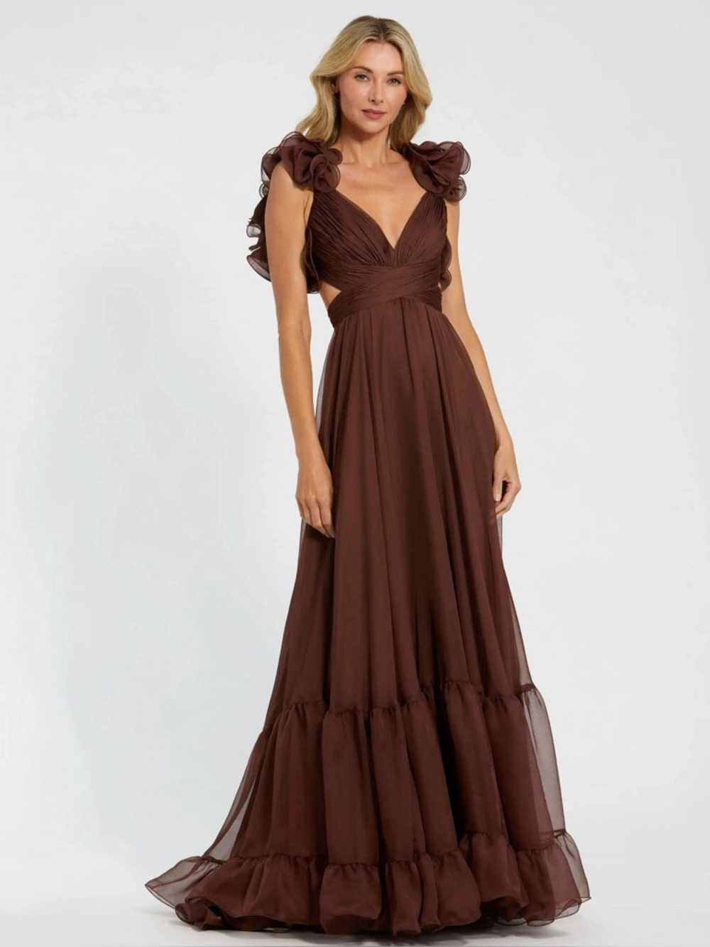 MAC DUGGAL Elegant Brown Ruffle-Sleeve Tiered Maxi Dress - Chocolate Brown Sz: 2